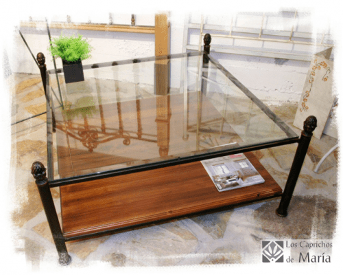 Mesa de Forja con balda de madera y cristal con piñas, .LOSCAPRICHOSDEMARIA.COM